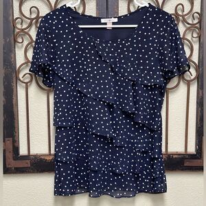 Roz & Ali sleeveless navy blue tiered ruffle blouse with white polka